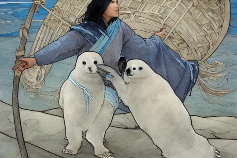 Image similar to a Inuit hauling a baby harp seal in a net, gray and blue and white colors, water color, art by artgerm and greg rutkowski and alphonse mucha and jin xiaodi and anthony devine