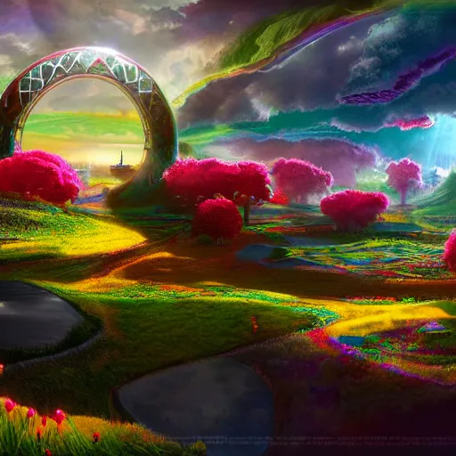 Image similar to bright utopian landscape, far future, colorful, bloom, hdr, concept art, matte painting