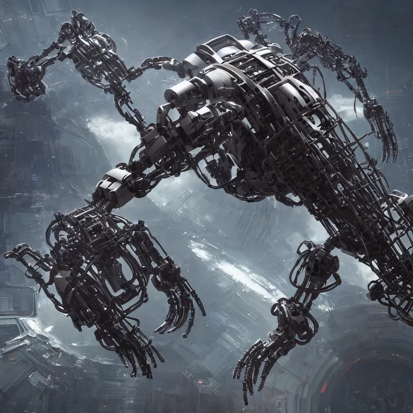 Image similar to aerial view of a robot constructing a big black man with long curly hair, 3d render, dim volumetric lighting, 8k octane beautifully detailed render, post-processing, extremely hyperdetailed, intricate futuristic mechanic parts, epic composition, cinematic lighting, trending on artstation