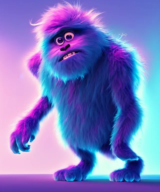 Image similar to a big furry monster made of bioluminescence in the art style of monsters inc, fantasy, elegant, crisp 8 k line art, digital painting, artstation, unreal engine, octane render, emissive lighting, concept art, matte, sharp focus, hyper realistic lighting, illustration, deep royal blue and pink color scheme, art by dave kendall