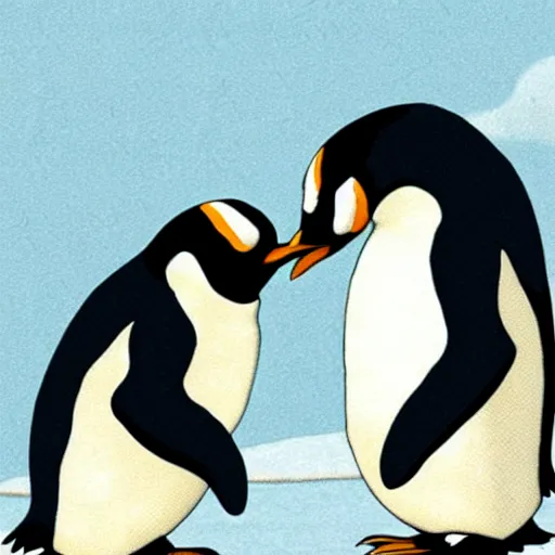 Image similar to two penguins kissing, Studio Ghibli style