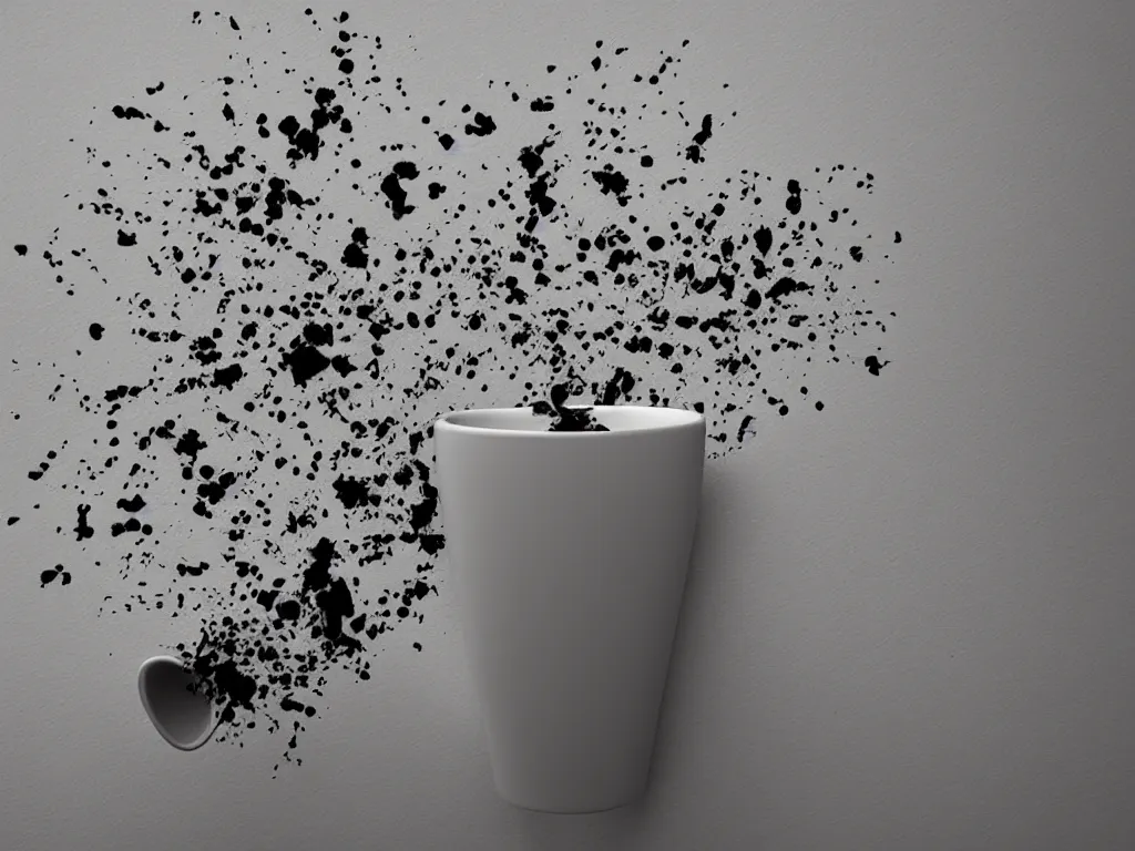 Prompt: 3D art, a coffee cup shattering against a wall