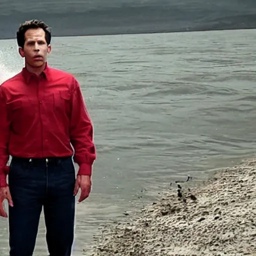 Image similar to dennis reynolds in a fiery rage, standing next to his range rover near a body of water, cinematic style