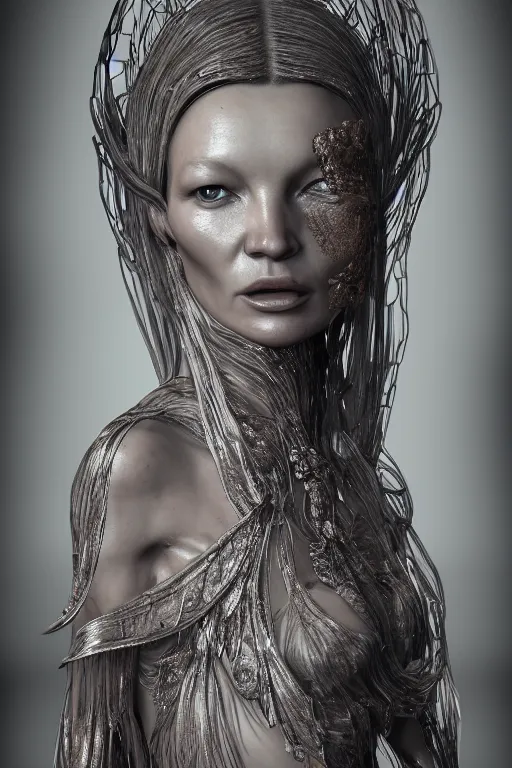 Prompt: a realistic moody photo of a beautiful ancient alien woman goddess kate moss nymph standing in iris van herpen dress jewelery and fractals in style of alphonse mucha art nuvo dmt trending on artstation made in unreal engine 4