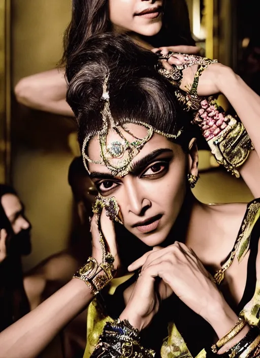 Image similar to A beautiful portrait of Deepika Padukone as a model at Versace fashion show Paris Spring/Summer 2018, highly detailed, in the style of cinematic, fashionweek backstage, makeup by Pat Mcgrath, Shot by Bruce Weber