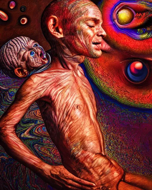 Image similar to realistic scene of a creation of first human baby, psychedelic, dark art, facing camera, photo realistic, detailed, 1 4 5 0, delicate, hyper realism, ultra realistic, 8 k