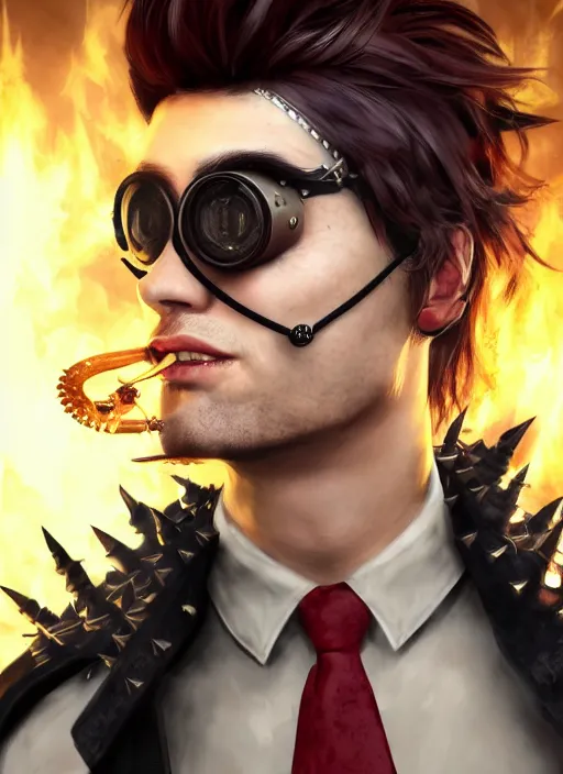 Image similar to An epic fantasy comic book style portrait painting of young man with red spiked long hair, using an steampunk googles. Wearing a black waistcoat, white shirt. Fire on his hands. Unreal 5, DAZ, hyperrealistic, octane render, cosplay, RPG portrait, dynamic lighting