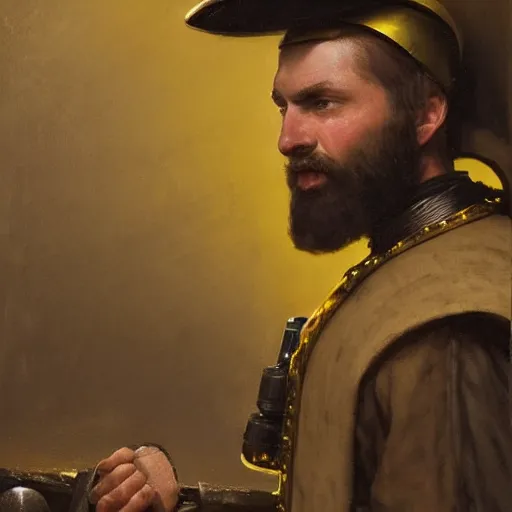 Prompt: Medium closeup shot frustrated and acerbic male bearded Imperial soldier wearing a {black and yellow tabard} over a steel breastplate and a black gambeson leaning over a table, by Raymond Swanland Greg Rutkowski Lise Deharm, {perfect face}, {perfect eyes}, {perfect body}, {hands planted on war table while standing},