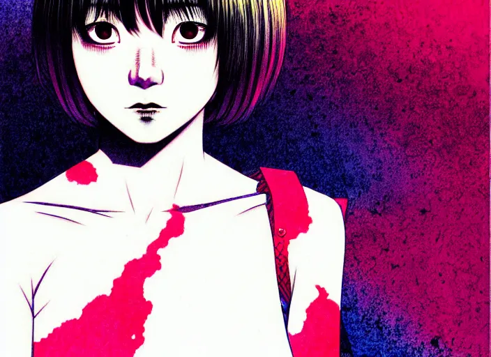 Image similar to editorial illustration colorful, anime portrait of shiina ringo, katsuhiro otomo, manga, ilya kuvshinov, fine texture, realistic shading, fine details, matte colors, film noir, dramatic lighting, dynamic composition, mucha, moody, vivid, volumetric, stippled lighting