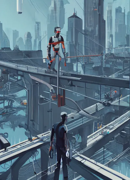 Prompt: gordon freeman standing on top of a bridge over a city, half - life 2 art by james gilleard, cgsociety, cityscape, 2 d, game art