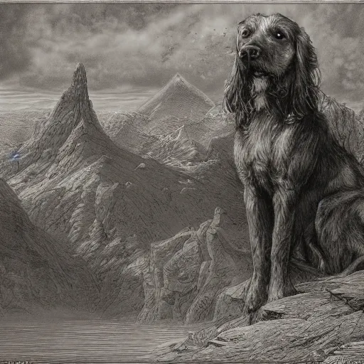 Image similar to dog with a blog, artstation, tolkien, highly detailed matte painting, gustave dore, victorian painting