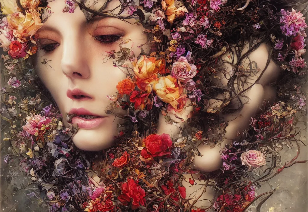 Prompt: beautiful creature with flowers instead of his head by moriho tanaka, by ayami kojima, amano, karol bak, greg hildebrandt, and luis molina, rich deep colors. david b. mattingly painting, art by daniel boucherie. masterpiece. rendered in blender, ultra realistic, smooth shading, ultra detailed, high resolution, cinematic