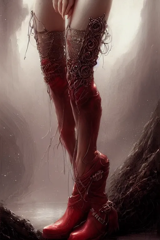 Prompt: red women's boots, shoes only, by wlop, by luis royo, by peter mohrbacher, concept art, digital illustration, intricate, masterpiece, elegant, super detailed, unreal engine rendering, smooth, sharp focus, artstation hq