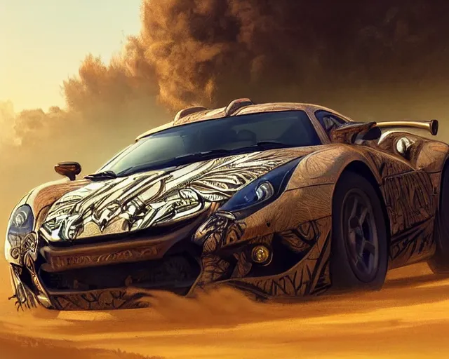 Image similar to sports car with tribal decal, tribal, wolf, nature, tyres, smoke, dust, soil, deep focus, d & d, fantasy, intricate, elegant, highly detailed, digital painting, artstation, concept art, matte, sharp focus, illustration, hearthstone, art by artgerm and greg rutkowski and alphonse mucha