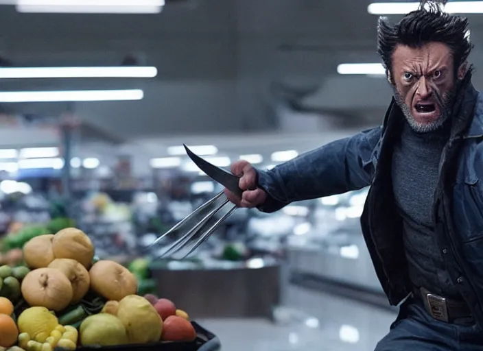 Image similar to film still of Wolverine going grocery shopping in the new X-Men movie, 4k