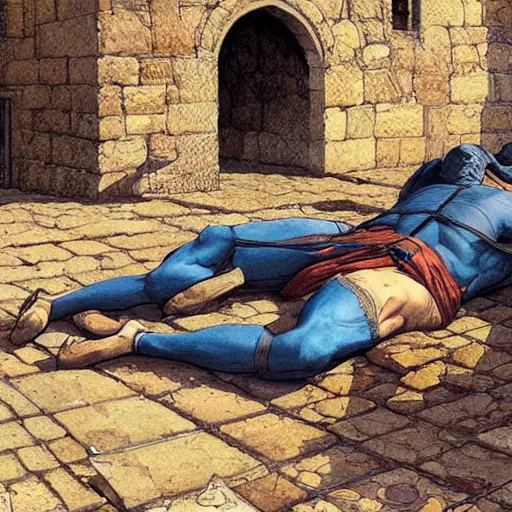 Image similar to a beautiful artwork of a man laying on cobblestone in medieval england, by Jerome Opeña, featured on artstation