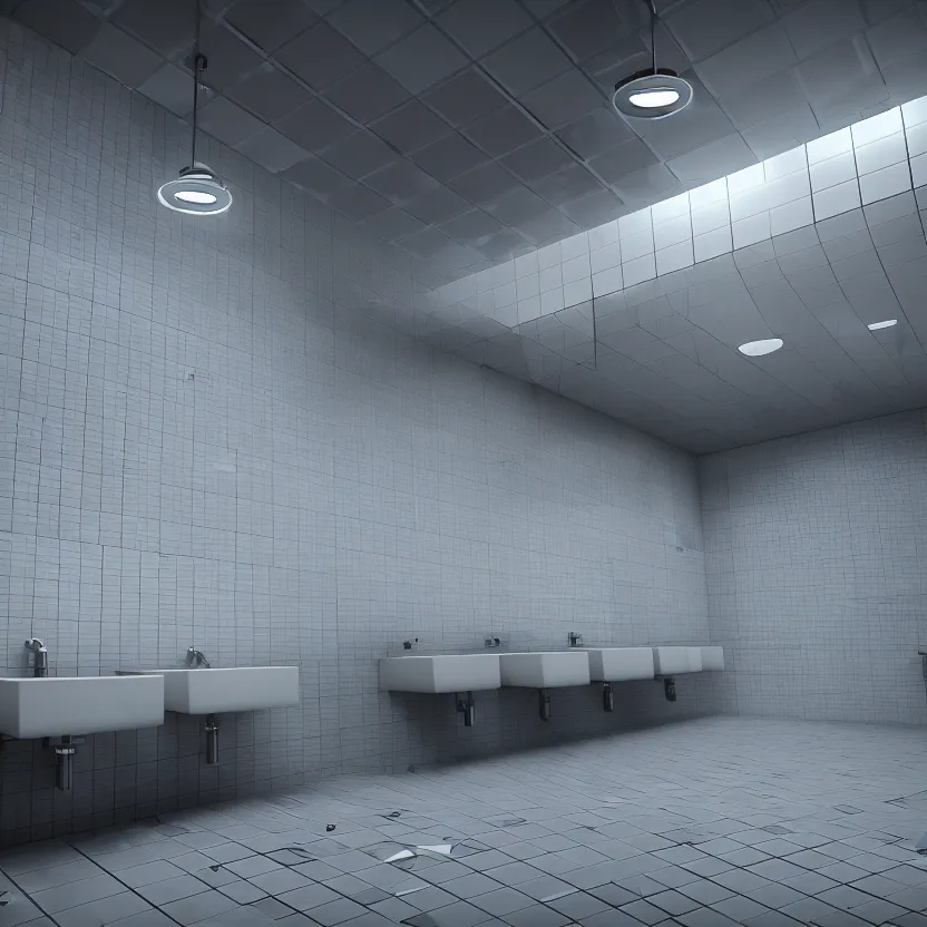 Prompt: an infinite public restroom with endless stalls and endless sinks fading into the distance, lots of people, showers, lights, tile, cinematic lighting, volumetric lighting, award winning photography, highly detailed, intricate, sharp focus, 4 k wallpaper, unreal engine, 9 0 mm, f / 1. 4