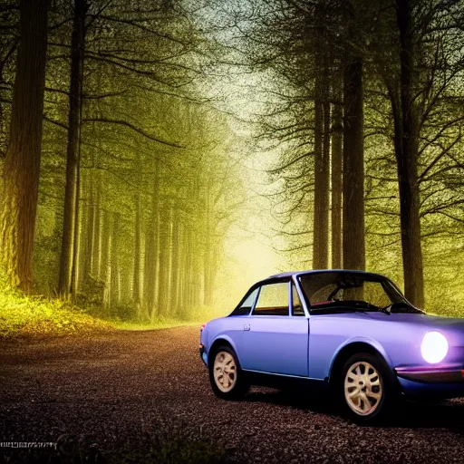 Image similar to fiat 1 2 4 in the dark forest, night, headlights are on, professional photography