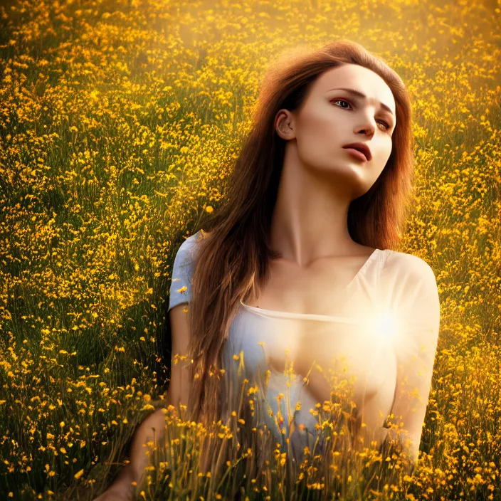 Prompt: photo of a very beautiful!! woman in an endless heavenly meadow, close up, 8 k, hdr, smooth, sharp focus, high resolution, award - winning photo, trending on artstation, dslr, 5 0 mm