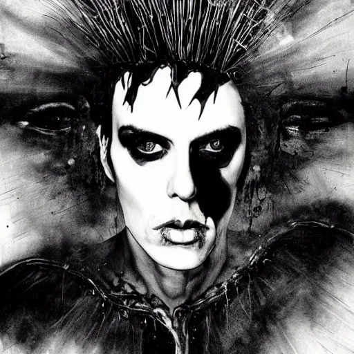 Image similar to stunning portrait of gaunt peter murphy a ( the cure fan ) as dream from sandman, dim stars as eyes, by jeremy mann, by cedric peyravernay, by by russ mills, by richard avedon and ben templesmith, dramatic lightning, sadness, dark eye sockets, in the shadows, punk rock, gothic, high detailed, 8 k