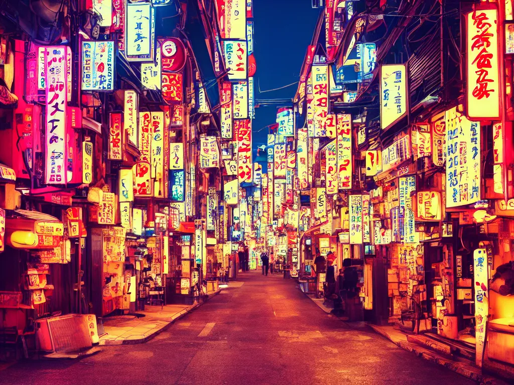 Image similar to japan, neon light filled street, ramen shop, wallpaper, 4 k, 8 k, highly detailed