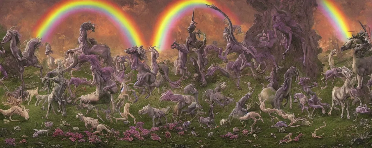 Image similar to a beautiful detailed mate painting of unicorns dancing under a rainbow on a graveyard'by wayne barlowe, existential horror, trending on cgsociety artstation, highly detailed, 8 k, masterpiece, super resolution.