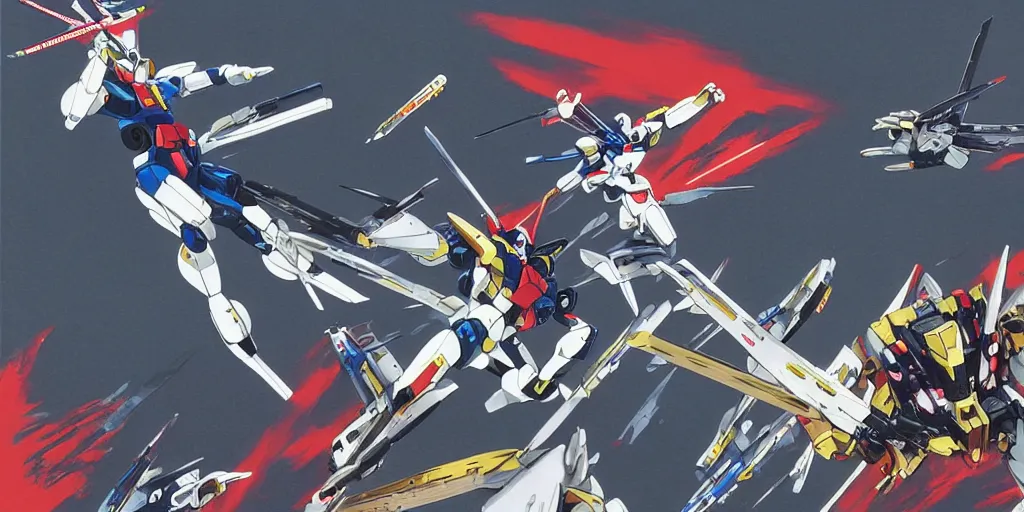 Image similar to illustration of gundam action figures on a badminton court by ilya kuvshinov katsuhiro otomo