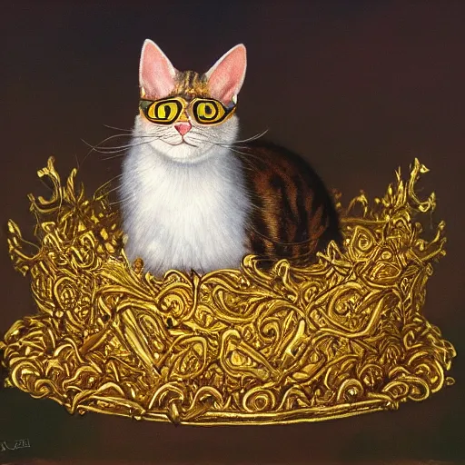Image similar to long shot of a cute cat nesting in a golden metal crown, by esao andrews, by m. w. kaluta, volumetric light, fresh colors, ultra humorous oil painting, realistic reflections, floral background, smooth, concept art, depth perception, high depth of field, 4 k, unreal engine 5, ultradetailed, hyperrealistic, trending on artstation
