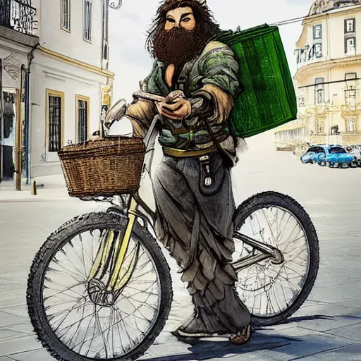 Image similar to a bearded and long haired bicycle food delivery worker with a green bag on his back in rossio lisbon, he has boots, epic fantasy style art by kim jung gi, fantasy epic digital art
