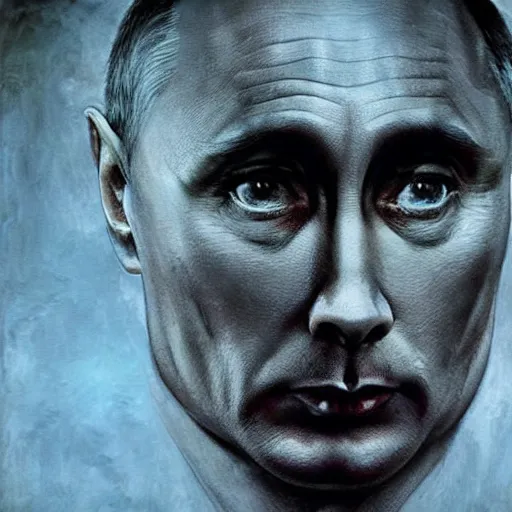 Image similar to vlad putin became stupid imbecile retard degenerate photo - realistic, color image, hyper realistic, 2 k, highly detailed, occult art, by giger, fractal structure