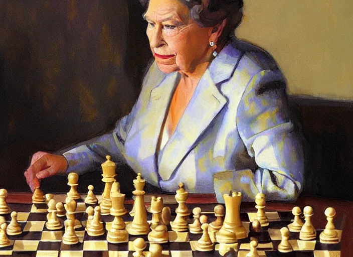 Prompt: a highly detailed beautiful portrait of the queen of chess, by gregory manchess, james gurney, james jean