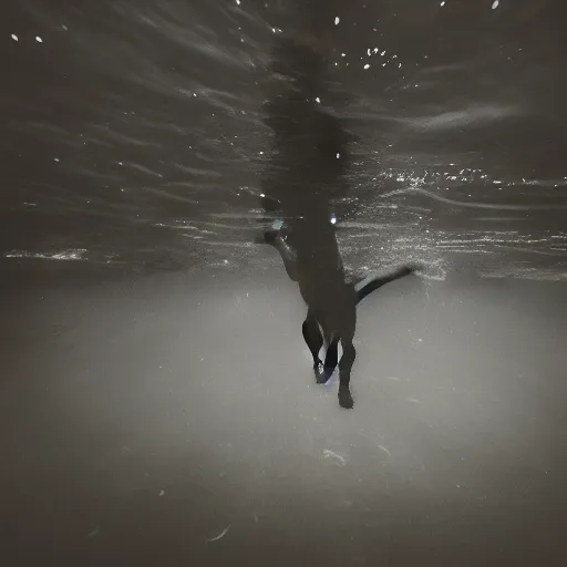 Image similar to an abstract photograph of a lonely male shadowy figure, underwater, motion blur, 35 mm, black-and-white