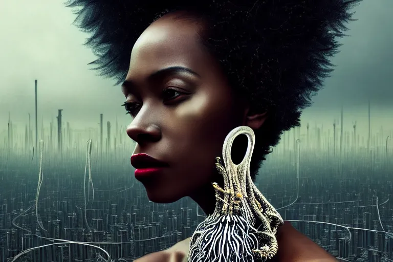 Image similar to realistic detailed photorealistic portrait movie shot of a beautiful black woman with a giant spider, dystopian city landscape background by denis villeneuve, amano, yves tanguy, alphonse mucha, ernst haeckel, david lynch, edward robert hughes, roger dean, cyber necklace, fashion shoot, rich moody colours, cyber patterns, wide angle