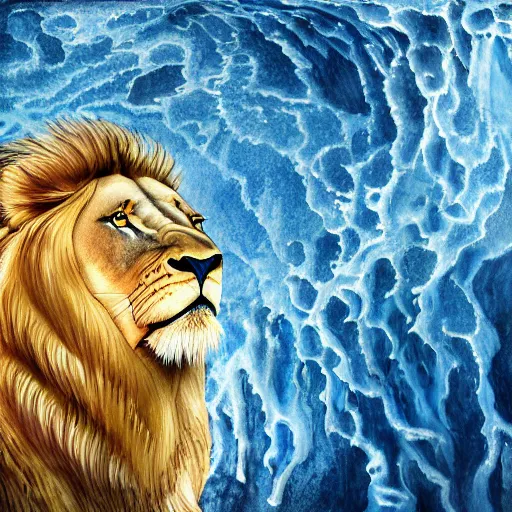 Image similar to a male lion's face breaching through a wall of water, water sprites, splashing, deep blue water color, highly detailed, realistic digital art