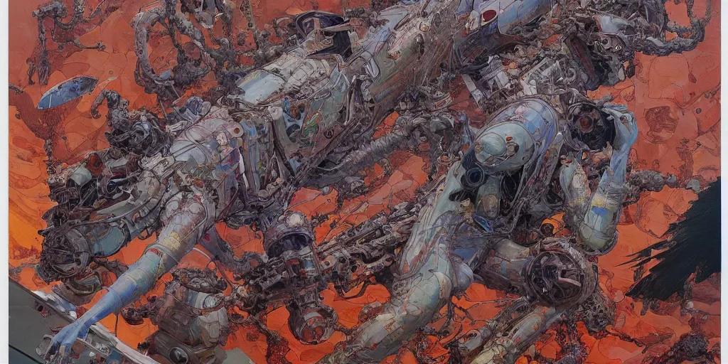 Prompt: gigantic oil painting art by james jean and katsuhiro otomo and moebius, inspired by akira, smooth texture, intricate oil painting, high detail illustration, sharp high detail, 1 9 9 9