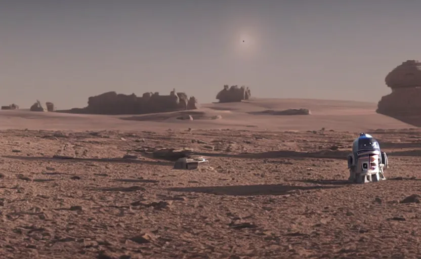 Prompt: a screenshot wide shot of astromech R2-D2 AT-AT land walkers, marching on a surreal red planet landscape, from The Last Jedi, iconic scene from the 1979 film directed by Stanley Kubrick, shot on anamorphic lenses, cinematography, 70mm film, lens flare, kodak color film stock, ektachrome, immensely detailed scene, 4k