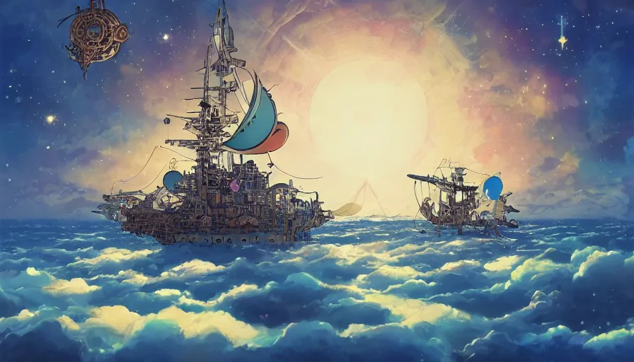 Image similar to a steampunk ship in the sky above the sea y by takashi murakami,, beeple and james jean, aya takano color style, 4 k, super detailed, night sky, digital art, digital painting, celestial, majestic, colorful