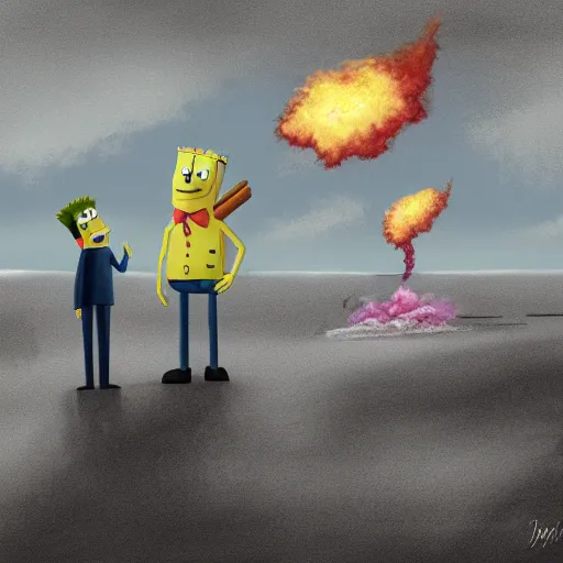 Image similar to a gloomy digital painting of spongebob and patrick standing on beach looking out at explosions, d-day, smoke, fire, detailed, bleak, weary, dark,