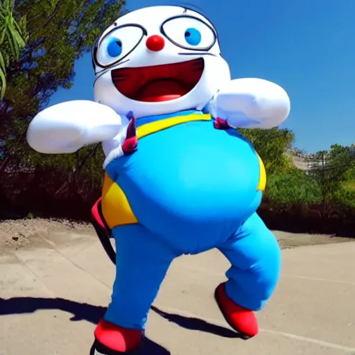 Image similar to photo of super fat doraemon skydiving while waving at the camera