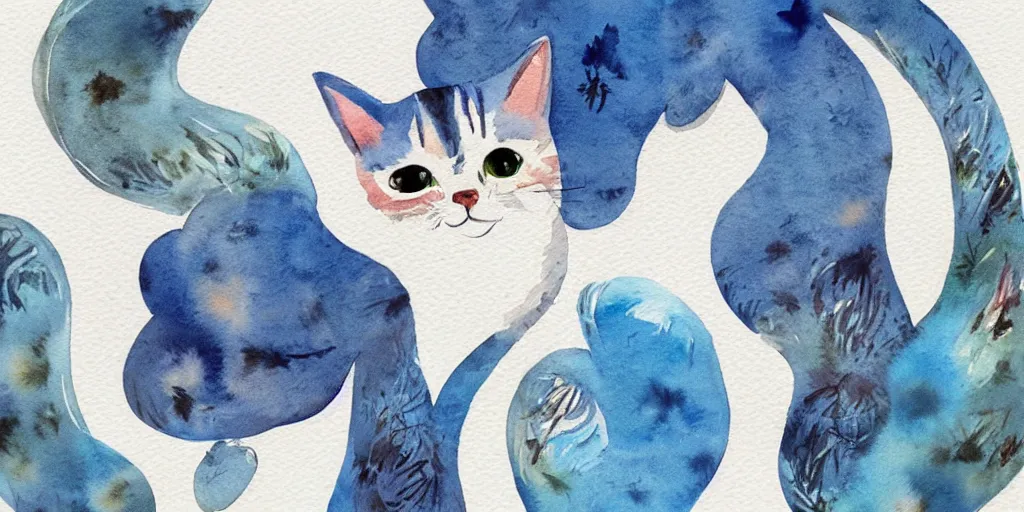 Image similar to watercolor illustration style, cute cats with blue wings, white background