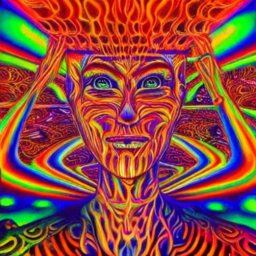 Prompt: a psychedelic painting of a dmt trip by alex grey, hyperrealistic, finely detailed, dramatic lighting, octane, unreal engine