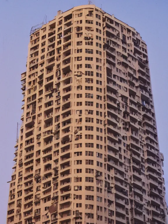 Image similar to photo of a soviet panel residential low height building, extreme wide shot, golden hour, kodak gold 2 0 0, side - view