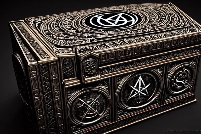 Image similar to an ancient ornate intricate old spell satanic coffin with the sigil symbol of evil emblazoned on the cover, cinematic, realistic, intricate detail, finely detailed, small details, extra detail, photorealistic, high resolution, 3 d, pbr, path tracing, volumetric lighting, octane render, arnold render, 8 k