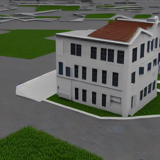 Prompt: architectural model, 3 d render, ground level camera, tilt - shift lens, two point perspective, house