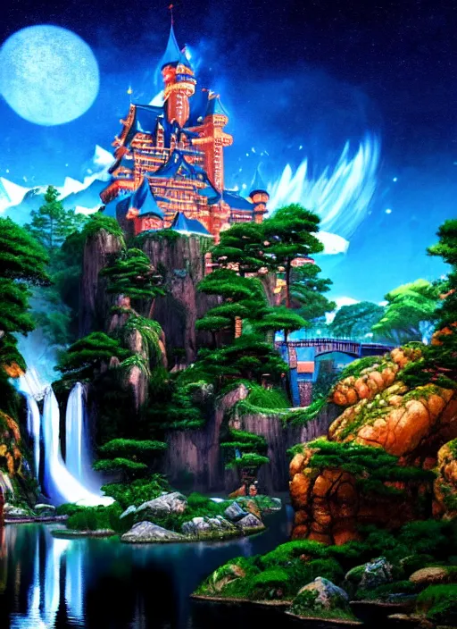 Prompt: fantasy castle, waterfall, river, mountain, night time scenery wallpaper aesthetic, anime style, beautiful, cinematic, dramatic, super detailed and intricate, hyper realistic, 4 k render, by koson ohara, by darwyn cooke, by satoshi kon