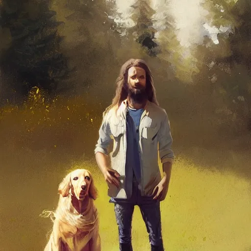 Image similar to oil painting of a young man with long hair blond and a beard hippie style painting on a golden retriever, people watching around, by greg rutkowski, artstation