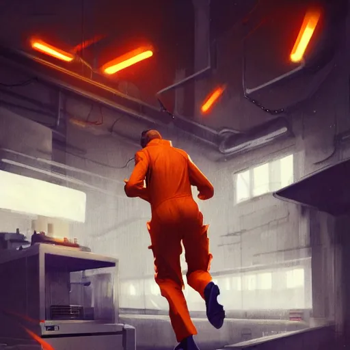 Image similar to a man in an orange jumpsuit running through a laboratory,digital art,art by greg rutkowski,ross tran,artstation,deviantart,photorealistic,hyperdetailed,detailed face,dramatic,cinematic,high quality