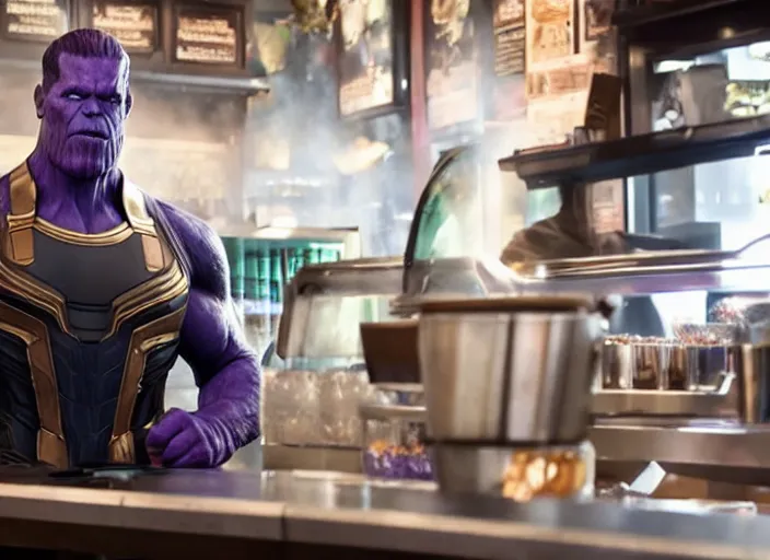 Image similar to film still of Thanos as a barista in Avengers Infinity War, 4k