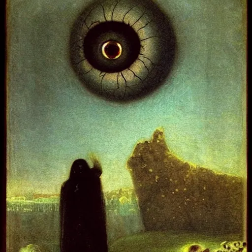 Image similar to in the depth of night a single unblinking eye looms in the sky, cosmic horror, Arnold Böcklin