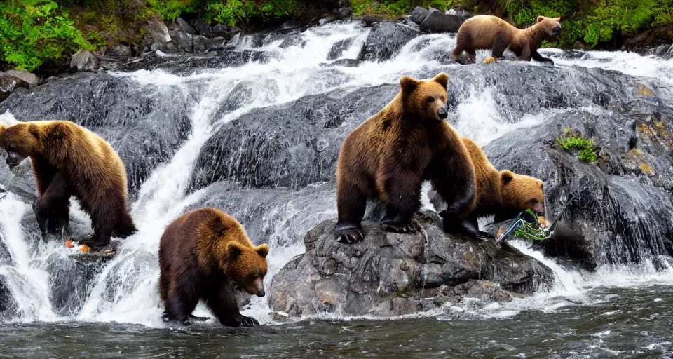 Image similar to dozens!!! of bears!!! catching salmon on a small waterfall in alaska, detailed, wide angle, 4 k